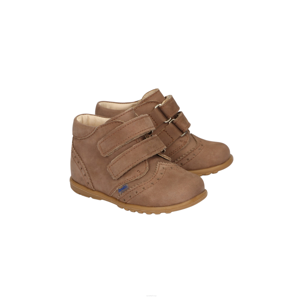 Beżowe brązowe pierwsze kroczki, skórzane trzewiki trampki zapinane na rzepy Blake Pralina - AMEKO