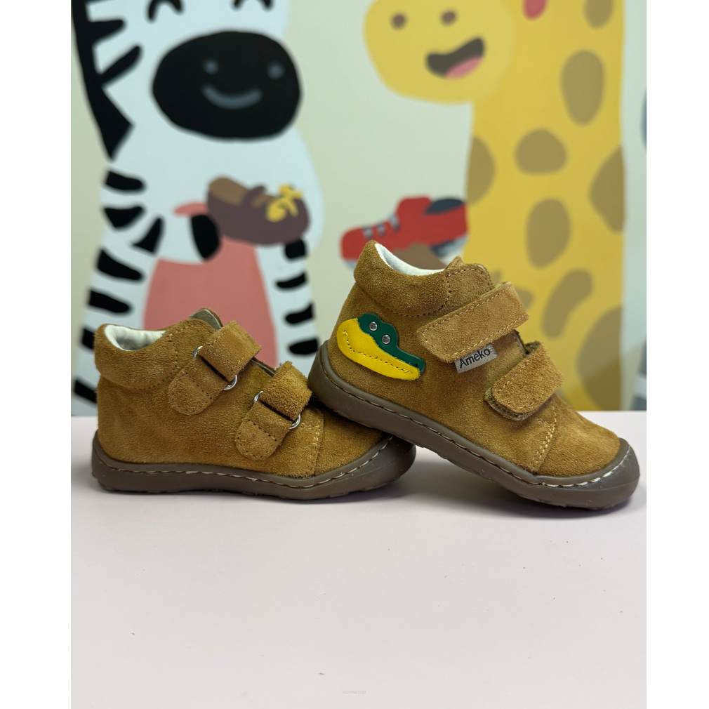 Brązowe pierwsze kroczki, skórzane trzewiki trampki barefoot Nil-Carmel- AMEKO
